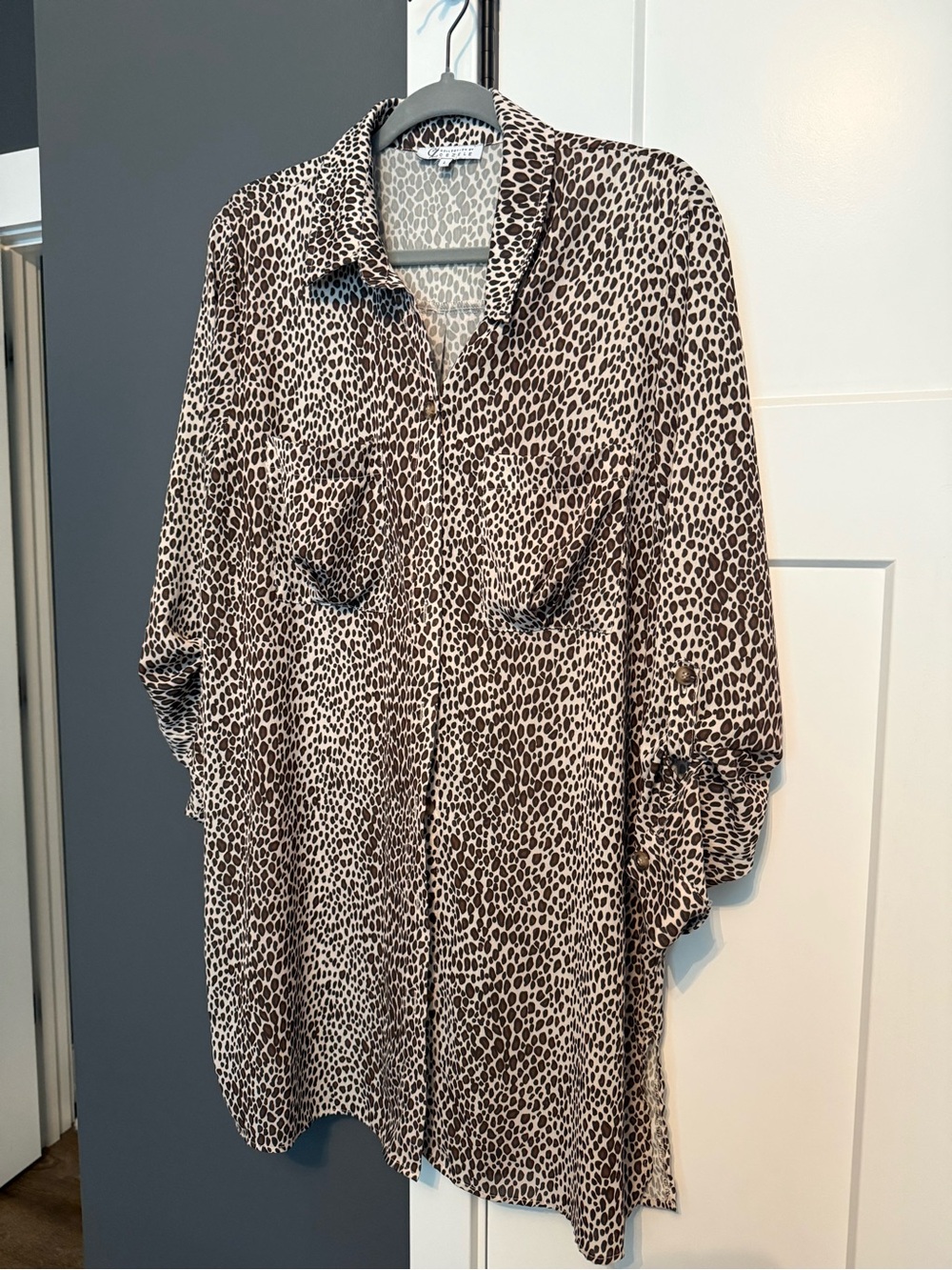 Leopard Print Button-Front Shirt Tunic - Neutral Brown & Cream